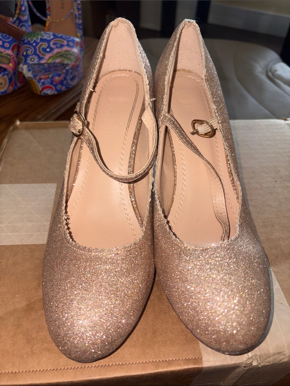 Glitter Round-Toe Mary Jane Pumps in Rose Gold